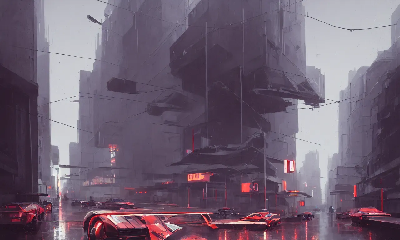 Image similar to photorealistic streetscape, simple brutalist architecture, metal, concrete, wet streets, neon lights, neon signs, flying vehicles, pedestrians, greg rutkowski, syd mead, ralph mcquarrie, concept art, matte painting, finely detailed, minimal artifacts, rule of thirds, dynamic lighting, cinematic, denoised, centered, artstation