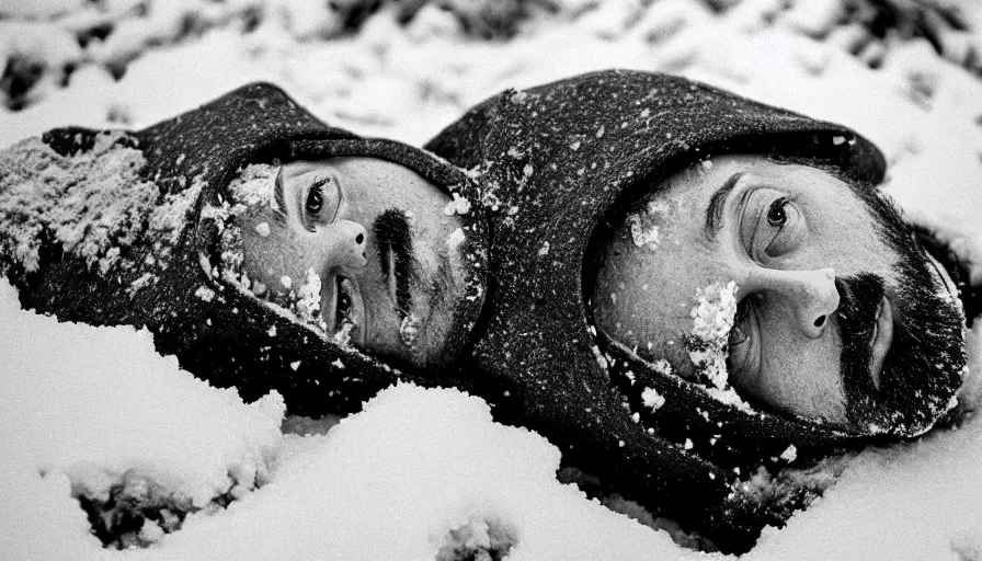 Prompt: 1 9 6 0 s movie still close up of marcus aurelius dirty face frozen to death under the snow on a river's shore with gravel, pine forests, cinestill 8 0 0 t 3 5 mm b & w, high quality, heavy grain, high detail, texture, dramatic light, anamorphic, hyperrealistic, detailed hair foggy