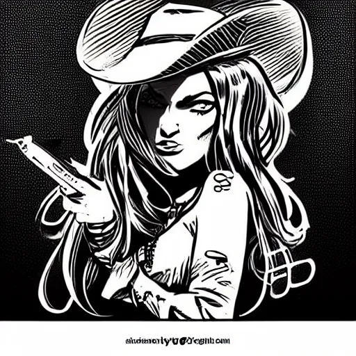 Image similar to “ western comic book artstyle drawing of a beautiful cowgirl outlaw ”