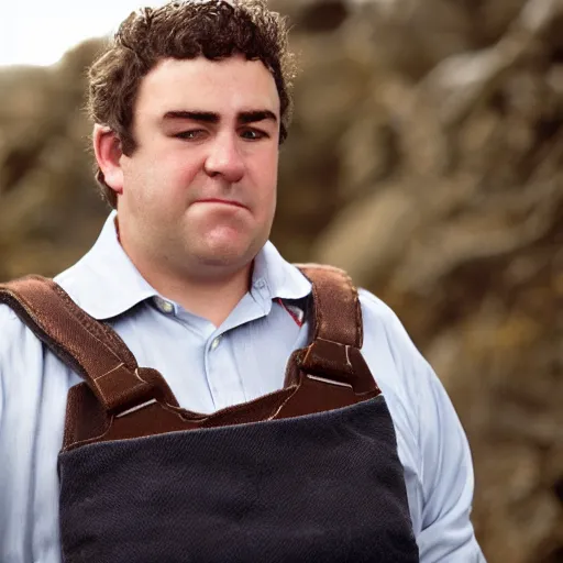 Image similar to close up headshot of a frowning clean shaven pudgy British lad with short curly dark brown hair as a hobbit wearing a white men's crossbody sling chest bag and blue vest, blue vest!! white crossbody chestbag!! high resolution film still, by Pamela Hanson