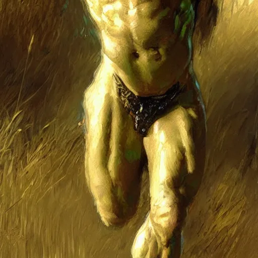 Image similar to young warrior marching toward the viewer, male, muscular, green eyes!!!!, straight nose!!!!!, beard, detailed face, thighs!!!!! gorgeous, amazing, toned, intricate, highly detailed, painting by Gaston Bussiere, Craig Mullins