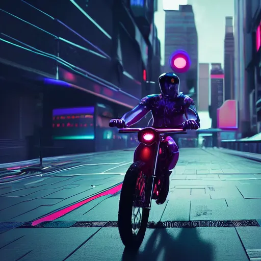 Image similar to a hyperrealistic 3d render of Remi Malek riding a bike. intricate details. arnold render. Trending on ArtStation. Centered. Vivid cinematic lighting. Cyberpunk background. In the style of LaVista.
