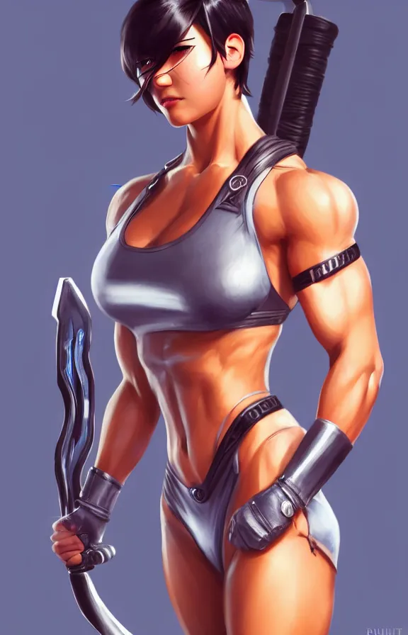 Prompt: a still fullbody portrait of muscular katniss, short silver hair, bodybuilder superhero bikini, amazonian, finely detailed features, closeup at the faces, perfect art, standing in the street, trending on pixiv fanbox, by ilya kuvshinov, rossdraws, artgerm