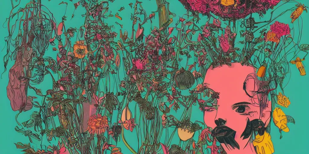 Image similar to gigantic head floating above huge insects, tiny robots, a lot of exotic flowers and plants, risograph!!!, flat surreal design, super - detailed, a lot of tiny details, fullshot, by luigi serafini