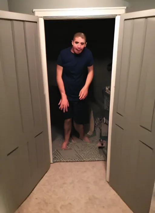 Prompt: man stuck inside a closet, desperate, bad quality, shaky camera, funny