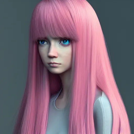 Image similar to A 3d cgi toon young woman with long pink hair, full bangs, amber eyes, pale skin, Chinese, medium shot, mid-shot, soft focus, 4k, trending on artstation