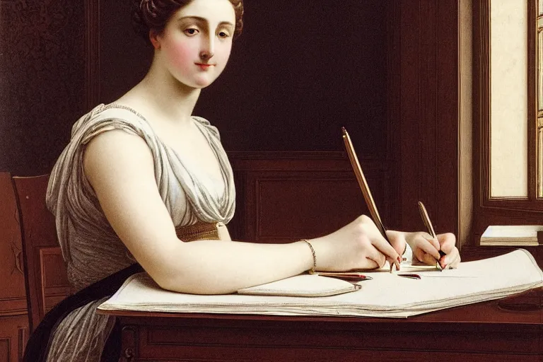 Prompt: georgian lady writing at her desk by vittorio reggianini, directoire style, regency, empire silhouette, bright lighting, perfectly detailed eyes, beautiful hands, pale skin, clear face