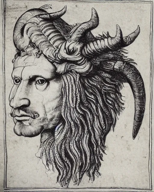 Image similar to human - eagle - lion - ox portrait. horns. beak. mane. drawn by da vinci