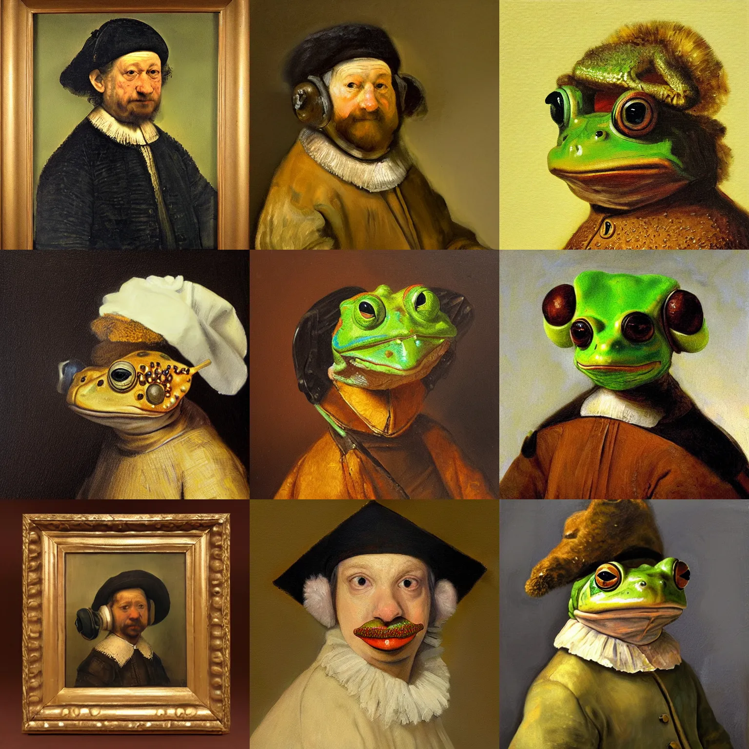 Prompt: oil painting portrait of a frog wearing earmuffs Rembrandt Style