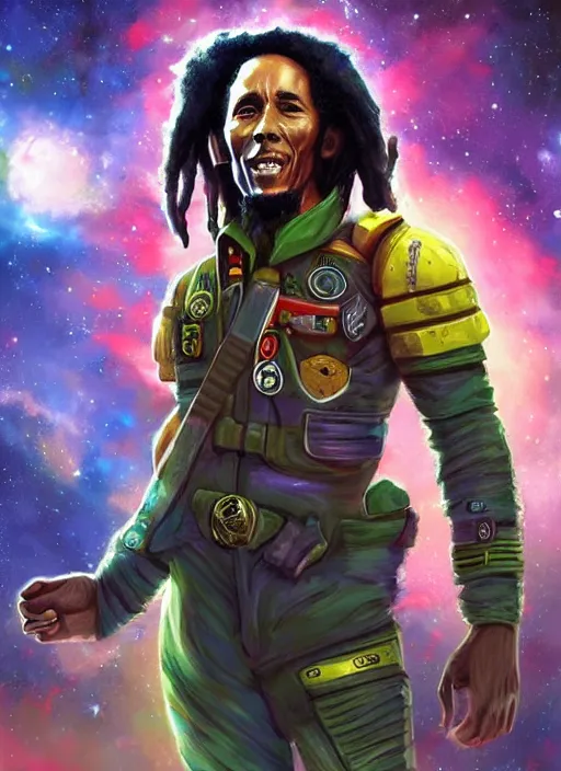 Image similar to bob marley as a space soldier, in front of exploding nebulae, digital illustration trending on artstation by artgerm and rutkowski