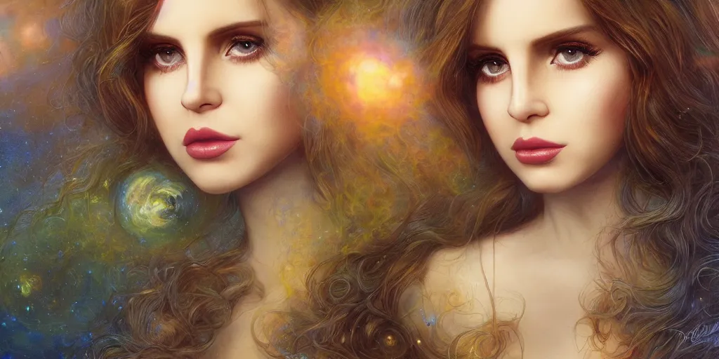 Image similar to big-eyed Lana Del Rey staring into the camera, sundown misty firefly wisps, Lilia Alvarado, Sophie Anderson, Mark Arian, Bob Byerley, Charlie Bowater, Mark Brooks, Steve Henderson, Justin Gerard, Arthur Hughes, Edward Robert Hughes, Mark Keathley, Victor Nizovtsev, Carlos Shwabe, Ross Tran, WLOP