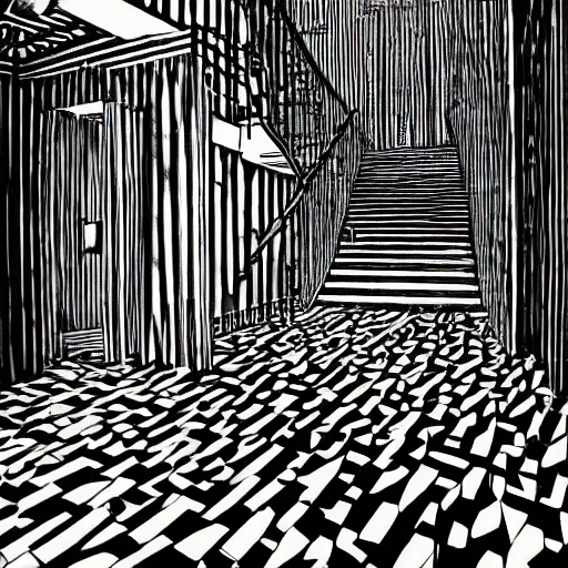 Image similar to a huge bright maze of many doorways and lots of stairs, many doorways, inside a giant mansion, artstation, Junji Ito, epic composition