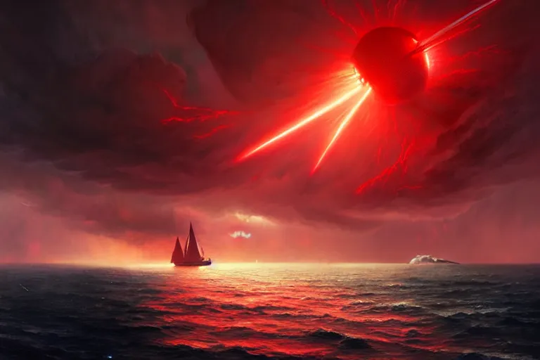 Image similar to A beautiful matte painting of huge spherical alien spaceship attacking with powerful red lasers a Sailship in ocean in thunderstorm, by greg rutkowski, trending on artstation, concept art