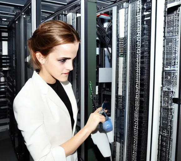 Image similar to emma watson smashing computer server, data center, closeup detailed