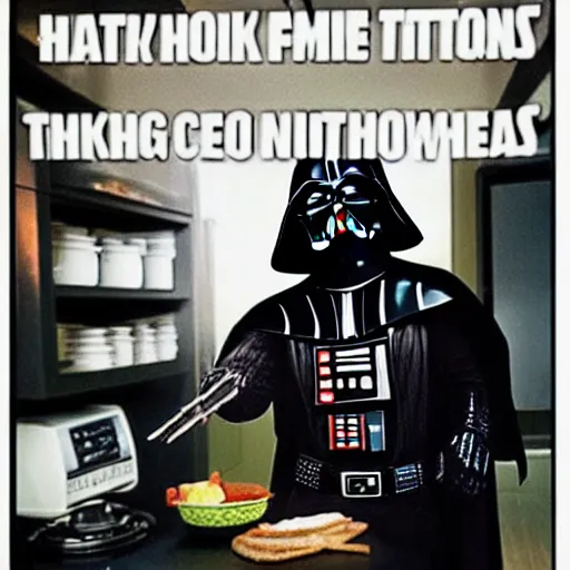 Image similar to darth vader cooking in the kitchen, 8 0 s style sitcom, photo