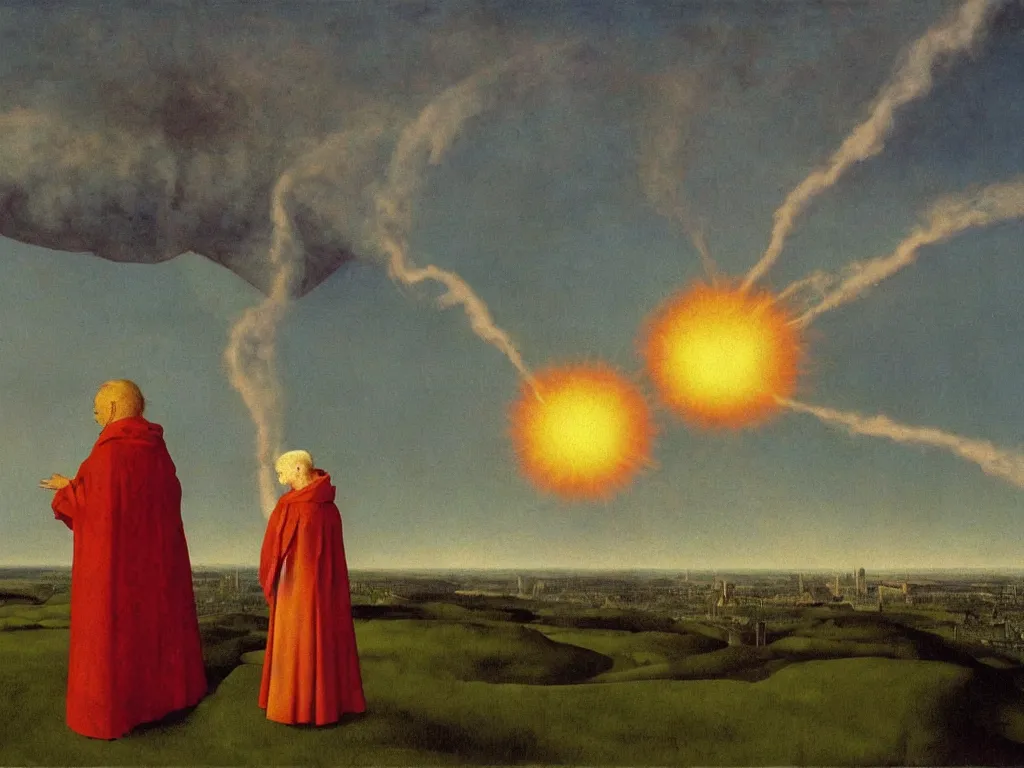 Image similar to albino mystic, with his back turned, looking at a atomic explosion over a city in the distance. Painting by Jan van Eyck, Audubon, Rene Magritte, Agnes Pelton, Max Ernst, Walton Ford