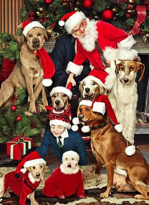 Image similar to a norman rockwell dog family christmas