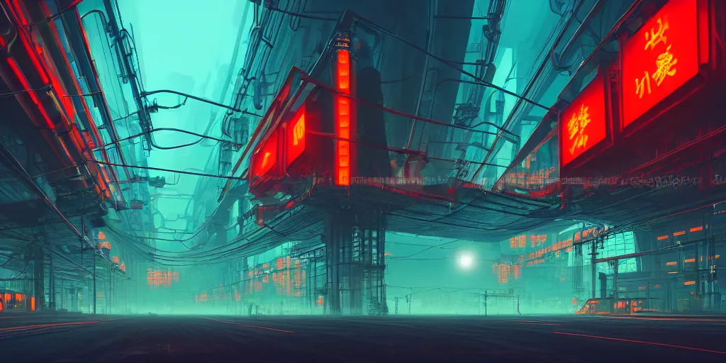 Prompt: a low angle photography of a big giant ominous industrial, futuristic cyberpunk factory at cloudy night with green and orange and red light and pipes and cables with a big chinese character neon sign + with fog + corporation + artstation photorealistic concept art
