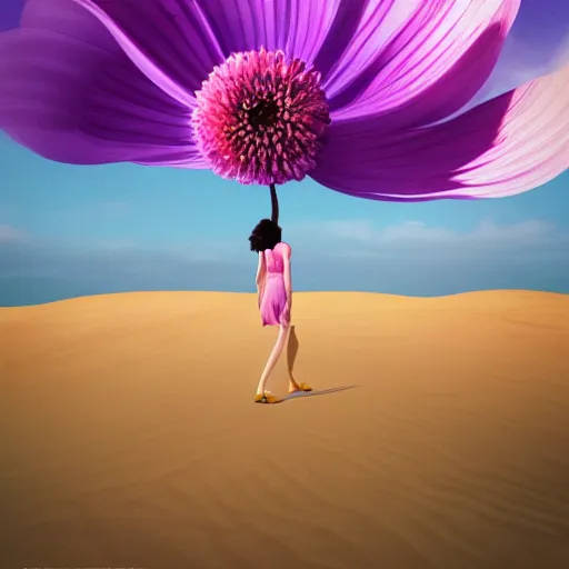 Prompt: portrait, giant purple dahlia flower head, girl walking between dunes, surreal photography, sunrise, blue sky, dramatic light, impressionist painting, digital painting, artstation, simon stalenhag