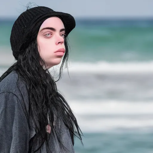 Image similar to billie eilish at the beach 4 k detailed super realistic