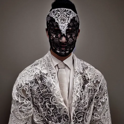 Image similar to a beautiful egyptian young male wearing a translucid lace wedding mask designed by alexander mcqueen, photographed by andrew thomas huang for a fashion editorial