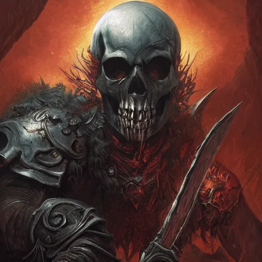 Prompt: undead warrior wearing a skull mask and wielding a battle axe, engraving, concept art, elden ring, illustration, vibrant colors, dark fantasy, grimdark, smooth, sharp focus, ultra detailed, artgem, by gustave dore and greg rutkowski