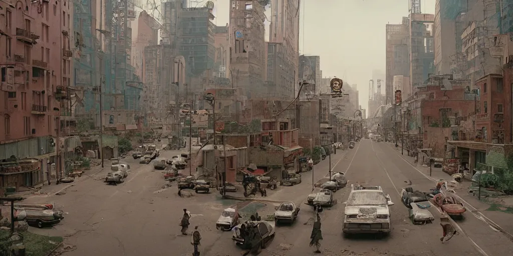 Image similar to a cinematic movie shot of a cheerful and whimsical post-apocalyptic city street by Wes Anderson