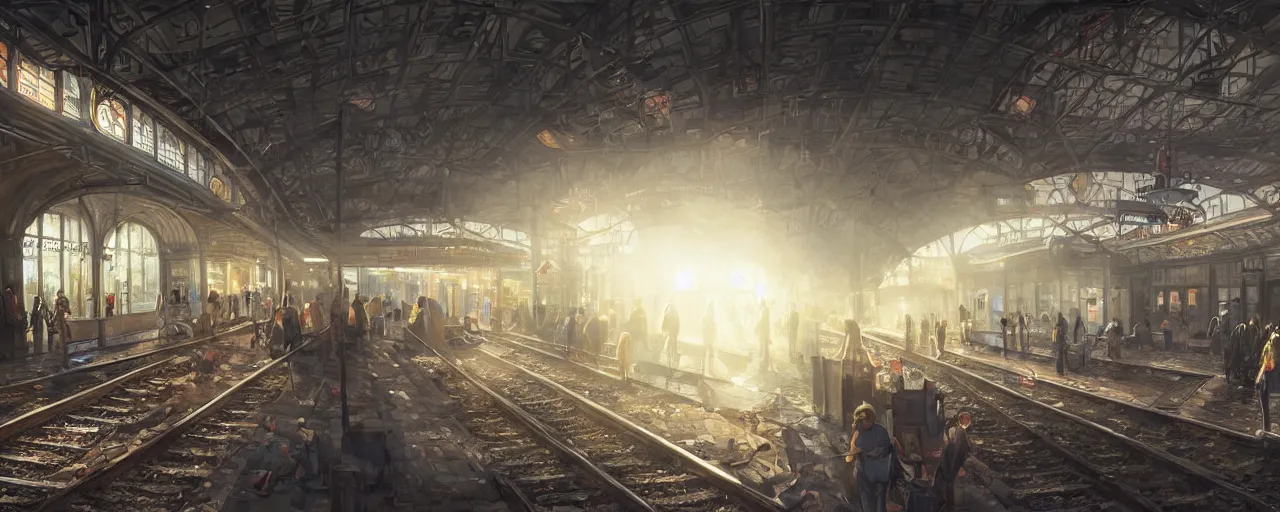 Image similar to photorealistic subway station with arriving steam trains, daylight, sunlight, lens flare, highly detailed, digital painting, artstation, concept art, smooth, sharp focus, 8k, photorealistic, 25mm f/1.7 ASPH Lens, ultra realistic steampunk illustration, art by greg rutkowski and alphonse mucha