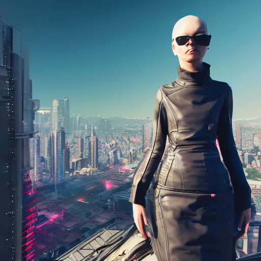 Image similar to portrait of a young cyberpunk woman on top of a building overlooking a city, a view from behind, intricate artwork by tooth wu and wlop and beeple, octane render, hyper realism, 8 k