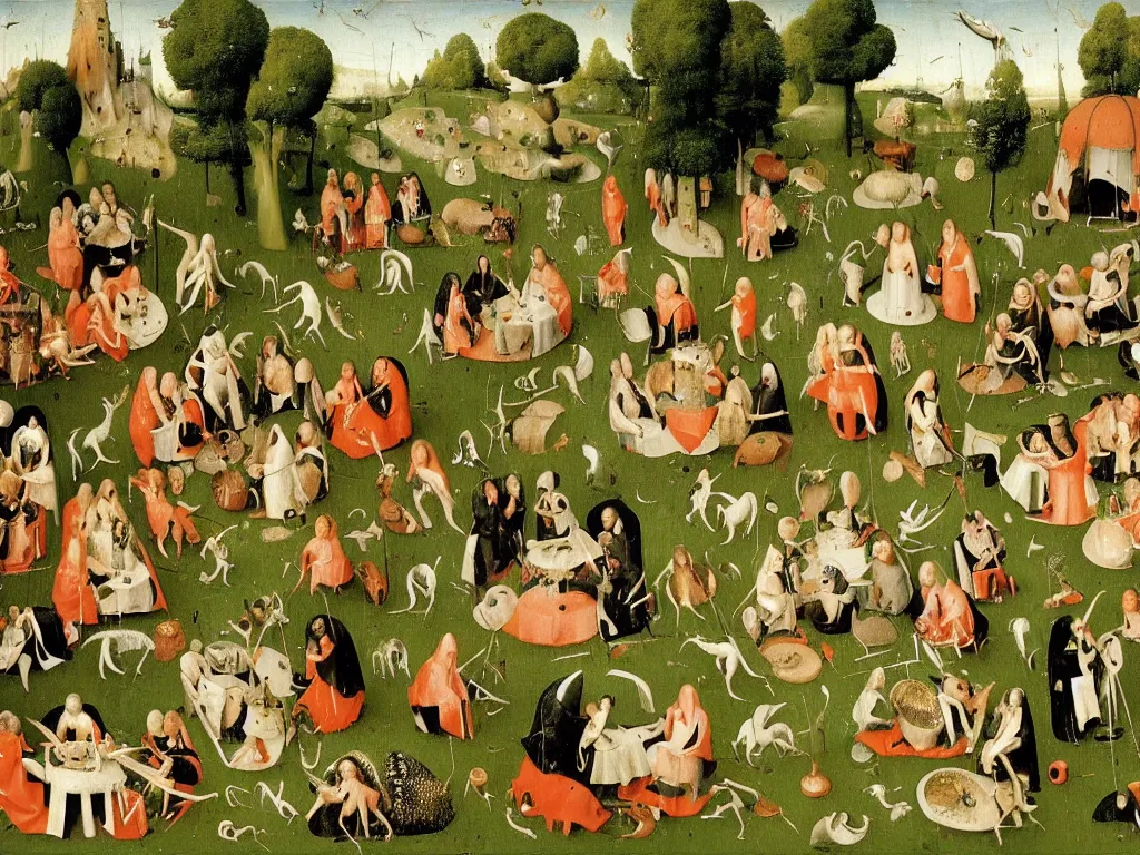Image similar to hieronymus bosch le dejeuner sur l'herbe delights, diorama, panorama,
