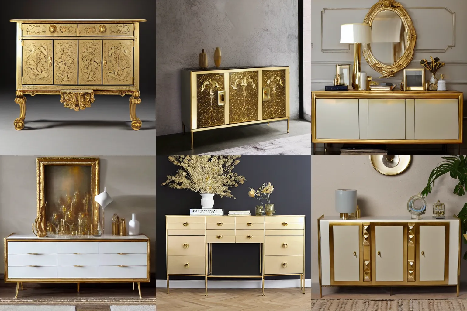 Prompt: a sideboard, gold and ivory