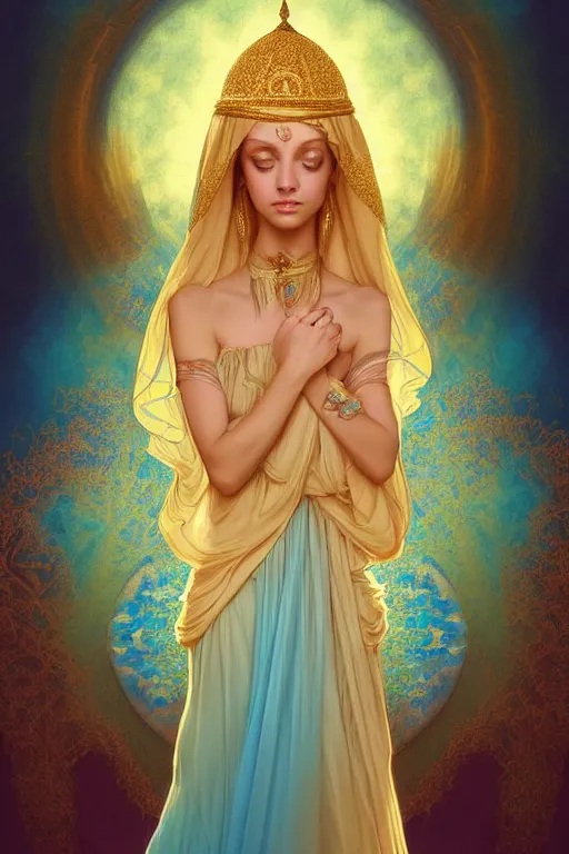 Image similar to portrait of an arabian princess, fantasy, gradient yellow cyan blue, dreamy and ethereal, blue eyes, golden ratio, peaceful expression, ornate frilly dress, fantasy, intricate, elegant, rainbow bubbles, highly detailed, digital painting, artstation, concept art, smooth, b sharp focus, illustration, art by artgerm and greg rutkowski and alphonse mucha