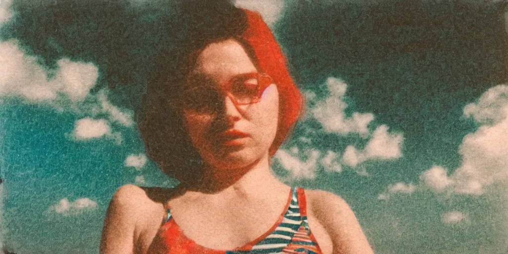 Prompt: weathered old analog polaroid portrait photograph of a beautiful young woman wearing a vintage striped bathing suit, summer, azure sky, big clouds visible, lensflare, sunlight, glare, depth of field, bokeh, filmgrain, red color bleed