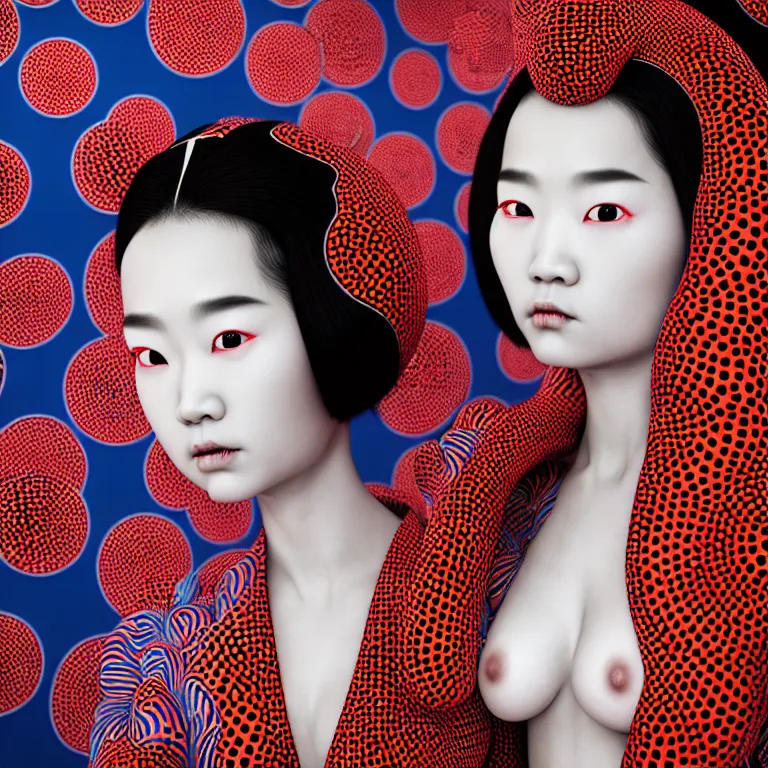 Image similar to hyperrealistic detailed image of a geisha in a art installation room, hd smooth interior by yayoi kusama, part by kei mieno, part by ross tran, dark art by james jean, ultra realistic, highly detailed, life like face, detailed body, 8 k, 3 d render by roger magrini, very cohesive, masterpiece