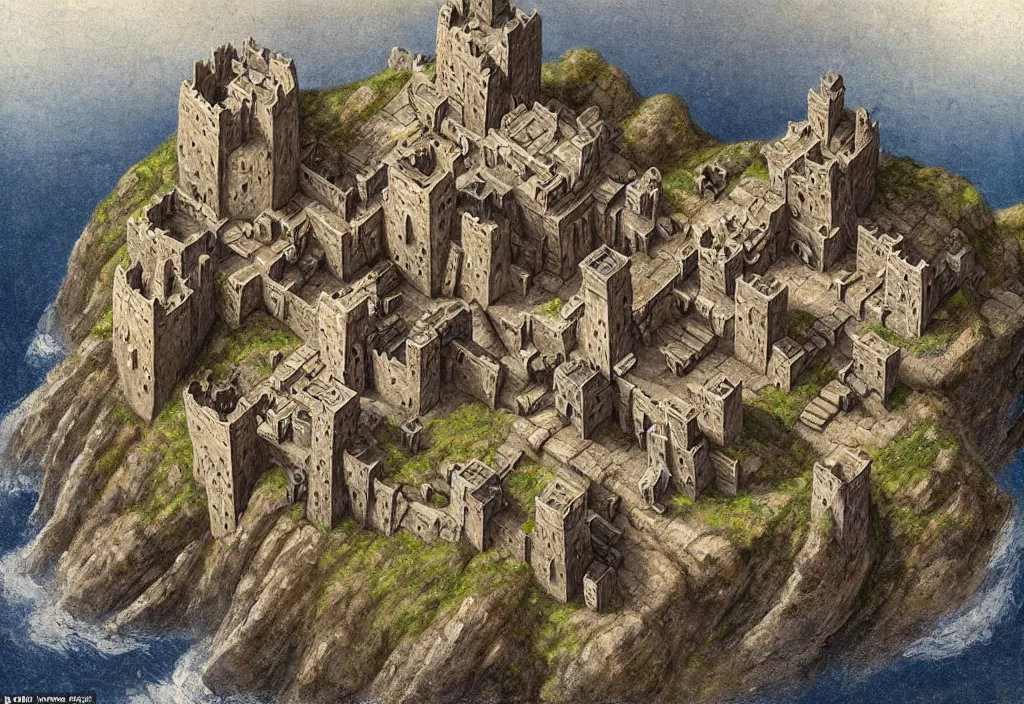 Image similar to aerial view of a dwarven fortress chiseled into the side of a rocky cliff, a matte oil painting, by tolkien, epic, medieval fantasy, mountain halls, high winds, torches, waterwheels, windmills, runes, ornate jewels, trading depots, extremely detailed, sharp focus