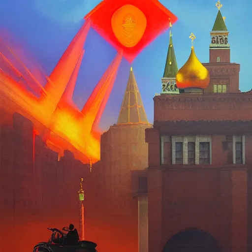 Image similar to a painting of a Red Square in Moscow in flame, a watercolor and matte painting by Beeple and RHADS and maxfield parrish, cgsociety, brutalism, dystopian art, sci-fi, artstation hq