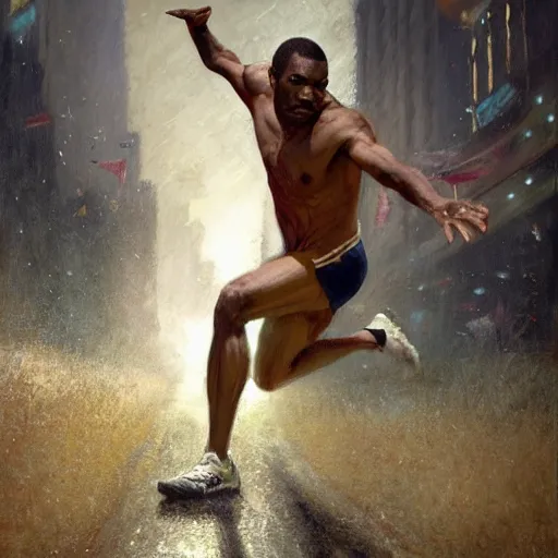 Image similar to cinematic painting of qwop!!!!!!!!!!!!!!!!! running down the track by gaston bussiere, craig mullins, j. c. leyendecker, kinetic, motion, athletic, running