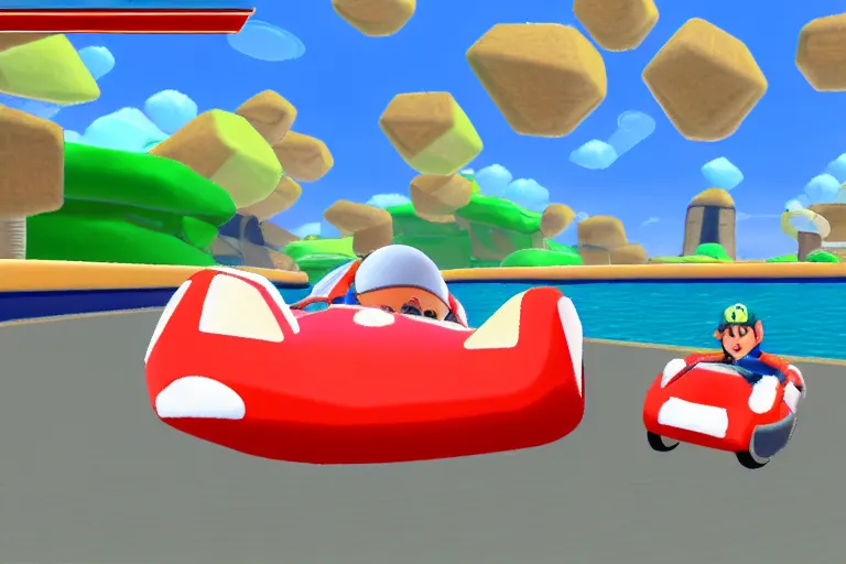 Prompt: whale driving a kart in mario kart double dash, wii screenshot, whale driving a kart