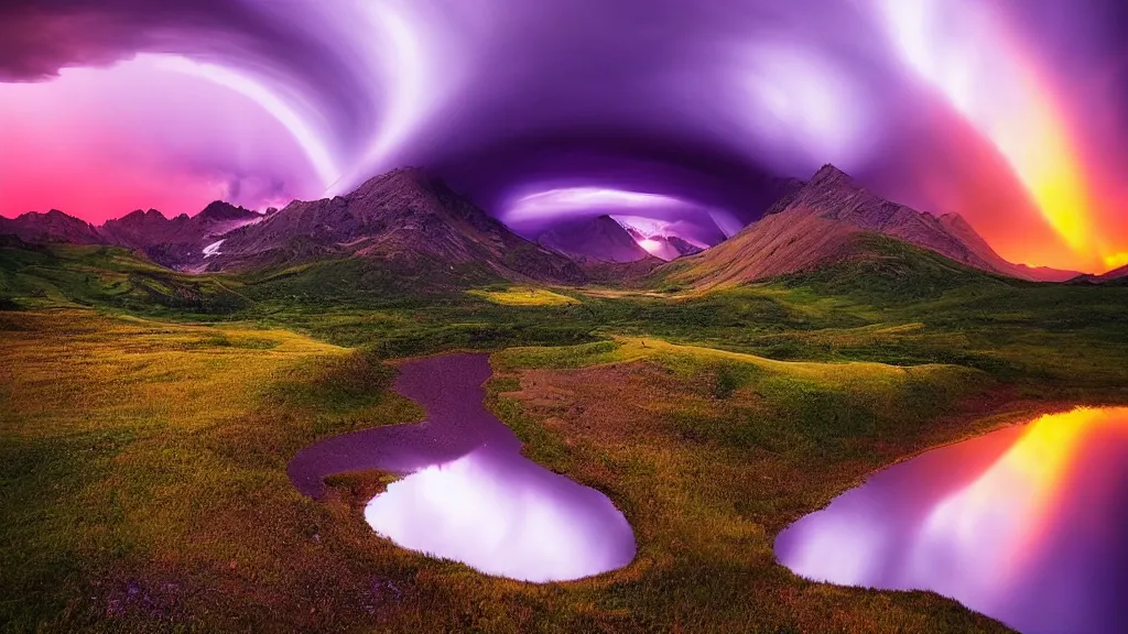 Image similar to amazing landscape photo of a funnel shaped purple tornado over mountains with lake in sunset by marc adamus, beautiful dramatic lighting