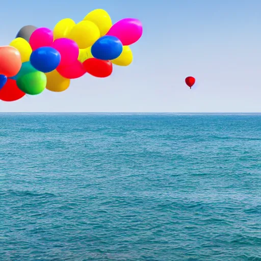 Prompt: a million balloons floating over the ocean, balloons, ocean