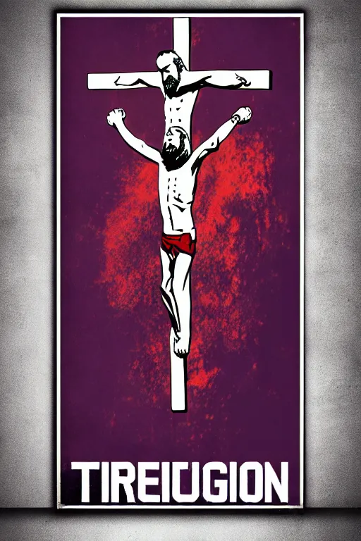 Prompt: crucifixion of conor mcgregor, jesus, movie poster, fan art, movie poster, minimalist, vibrant, religious crucifixion, digital art trending on art station