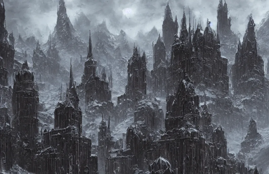 Image similar to The capital of a warhammer 40k imperial russian citadel, sci fi, located in the frozen northern wastes, soviet tower blocks, neo gothic magnificence, foreboding black steel exterior, snow capped mountains, fantasy, highly detailed, digital painting, artstation, concept art, illustration, art by Bayard Wu and Marc Simonetti and Diego Gisbert Llorens