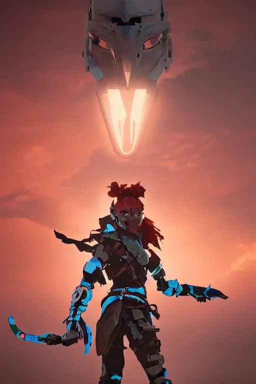 Image similar to combination suit armor aloy horizon forbidden west horizon zero dawn robot ninja mask helmet backpack tribal, aesthetic octane render, 8 k hd resolution, by ilya kuvshinov and cushart krentz and gilleard james radiating a glowing aura cgi rtx 2 0 2 2