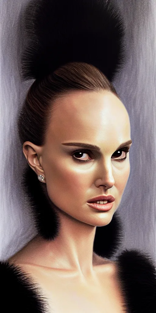 Image similar to Natalie Portman, wearing an evening gown, alexander mcqueen couture, very detailed portrait, ultrarealistic, dramatic lighting, electrical details, high details, 4k, 8k, best, accurate, trending on artstation, fur, artstation, photorealism, ultrarealistic, digital painting, style of Dali, Caravaggio, Boris Vallejo