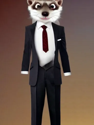 Prompt: furry ferret, anime style, formal suit, full body, disney style
