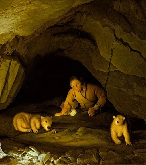 Image similar to looking to a cave with a mother bear and her cubs sleeping in a dark cave, night time, artwork by Pieter Claesz