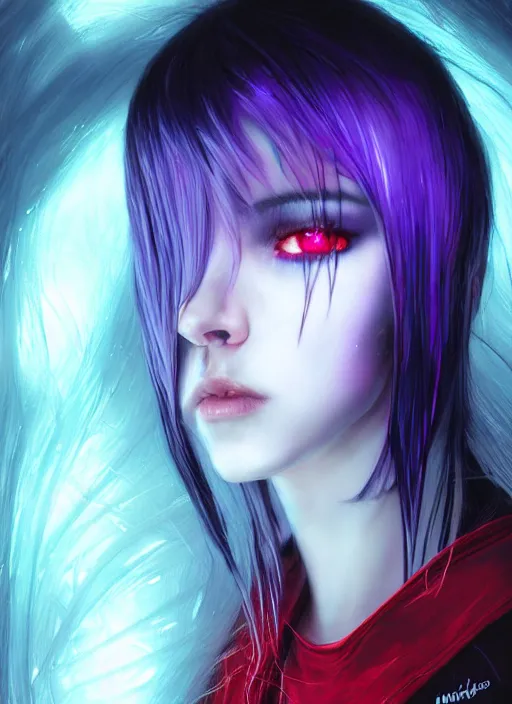 Image similar to hair whitebangs hair, black cyberlox, portrait of teenage girl with white bangs, whitebangsblackhair, messy bangs, cyberlox, whitebangs, red irises, purple clothes, intricate, elegant, glowing lights, highly detailed, digital painting, artstation, concept art, sharp focus, illustration, art by wlop, mars ravelo and greg rutkowski