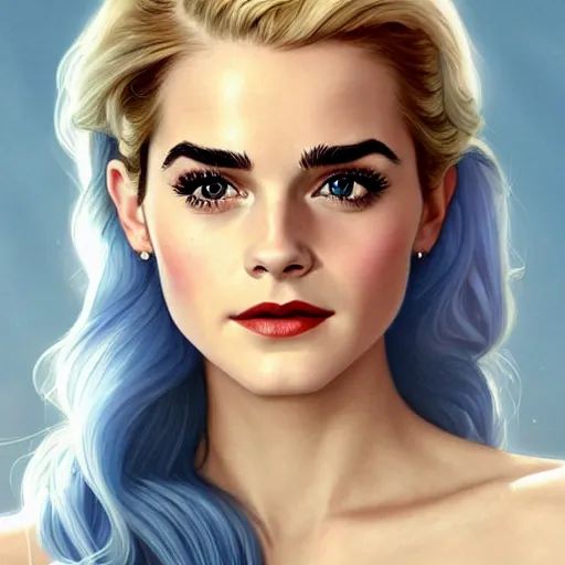 Prompt: A combination of Grace Kelly's and Emma Watson's and Katherine McNamara's faces with blue hair as She-Ra, western, D&D, fantasy, intricate, elegant, highly detailed, digital painting, artstation, concept art, matte, sharp focus, illustration, art by Artgerm and Greg Rutkowski and Alphonse Mucha