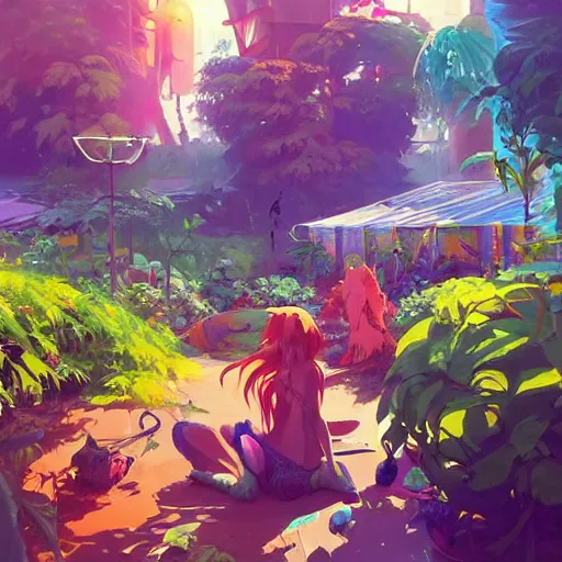 Image similar to hippie bohemian encampment with tie - dye tents and a garden. cyberpunk art by jesper ejsing, by rhads and makoto shinkai and lois van baarle and ilya kuvshinov and rossdraws, cgsociety, panfuturism, nature utopia, bold colors, expressive brushstrokes. anime aesthetic