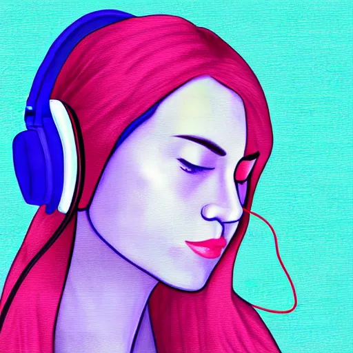 Prompt: a woman with headphones on, digital art masterpiece, by rockinjellybean